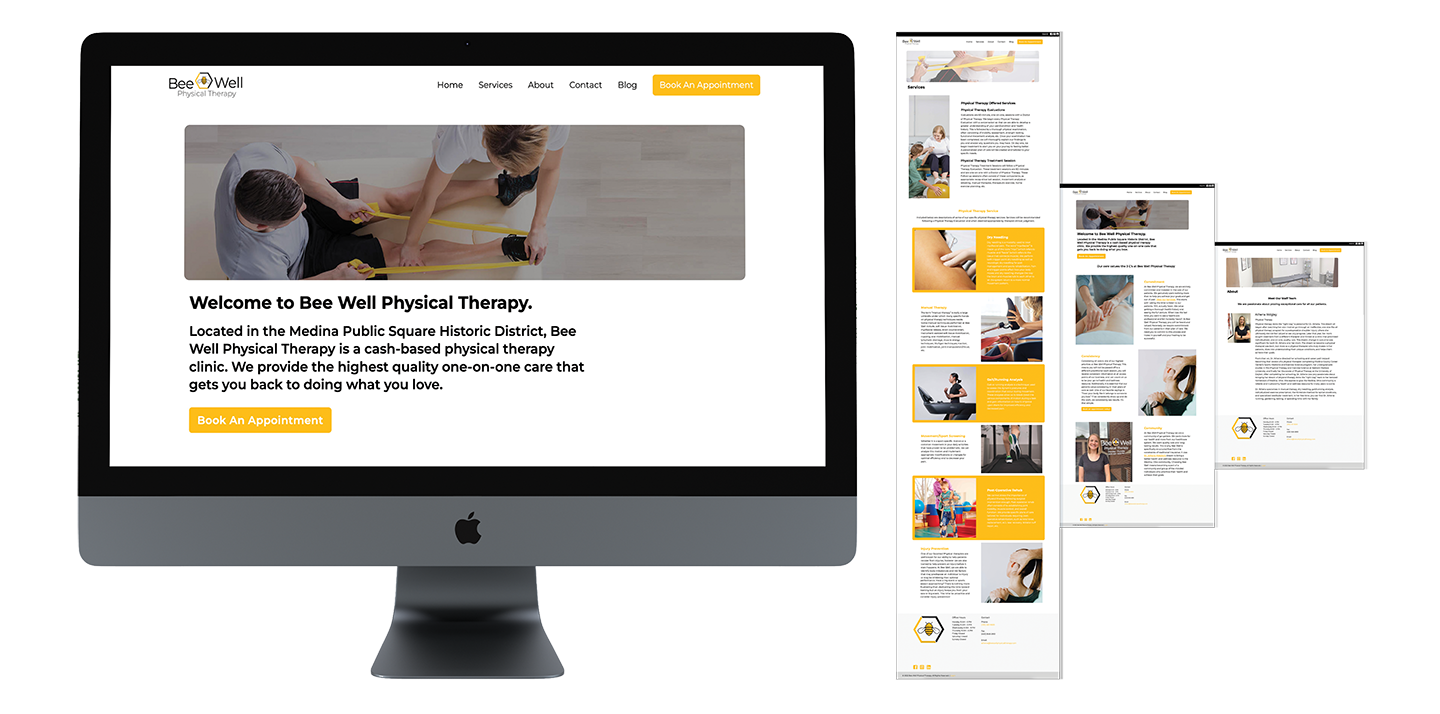 Bee Well Physical Therapy Website mockup and layout displaying the Bee well website